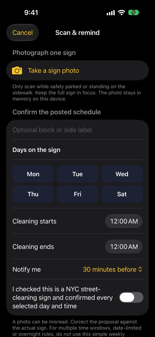 Unreleased ParkSwap sign-scan screen with camera capture, posted weekdays, cleaning hours and 15- or 30-minute reminder selection